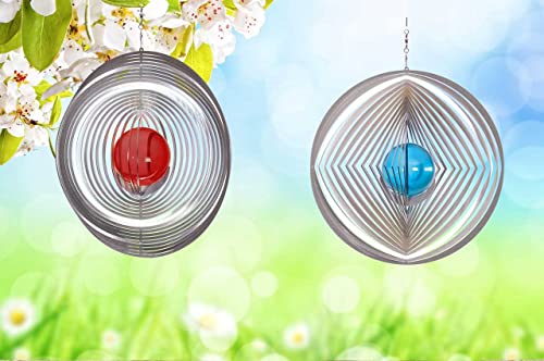 Illumino Edelstahl Windspiel 2er Set Kreis und Kreis-Raute-Kreis mit roter 50 mm Glaskugel für Garten und Wohnung Gartendeko Wohn und Fenster Deko