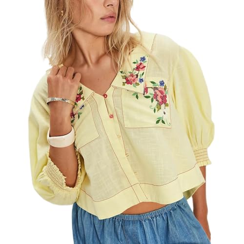 Women Y2k Button Up Embroidered Floral Blouse Crop Tops Cute Puff Smocked Sleeve Going Out Tshirts