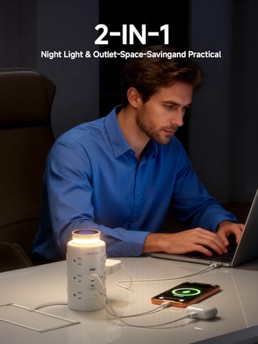 Image of Tower Power Strip with Night Light,PD20W USB C Power Strip Tower with Multiple Outlets,12 Outlets,5 USB Ports (3 USB-C), 10FT Extension Cord Desk Charging Station for Home,Office,Dorm Essentials,White