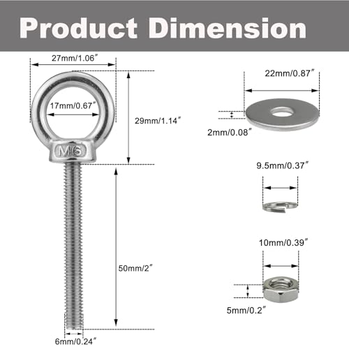 Image of M6 Stainless Steel Eye Bolt with Nuts 4 Pack, M6 x 50mm (1 /4 inch x 2 inch) Long Ring Shoulder Lifting Eye Bolt for Swing, Male Screw Threaded Eyebolt kit Tie Down Outdoor Indoor