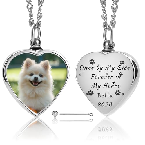 QYH Personalized Pet Ashes Necklace with Custom Photo and Engraving Heart Shaped Urn Pendant Cremation Jewelry Memorial Gift for Dogs and Cats (Silver)