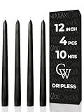 CANDWAX 12 inch Taper Coal Black Candles — Slow Burning Unscented Smokeless Dripless Tapered Candle Set of 4 — Perfect for Gothic Parties and Halloween Gatherings (Packaging May Vary)