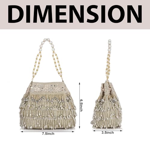 Image of Nevis PU Silk Women's Pearl & Bead Embellished Potli Bag with Beaded Handle | Designe Wedding & Festive Handbag