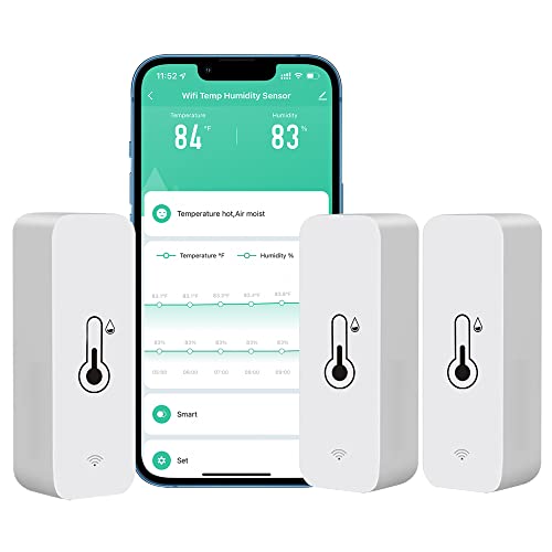 PHOVOLT WiFi Hygrometer Thermometer Sensor for Home, Indoor Outdoor Wireless Temperature Humidity Sensor Monitor with Remote App Notification Alert, Work with Tuya app, for Home Greenhouse (3-Pack)