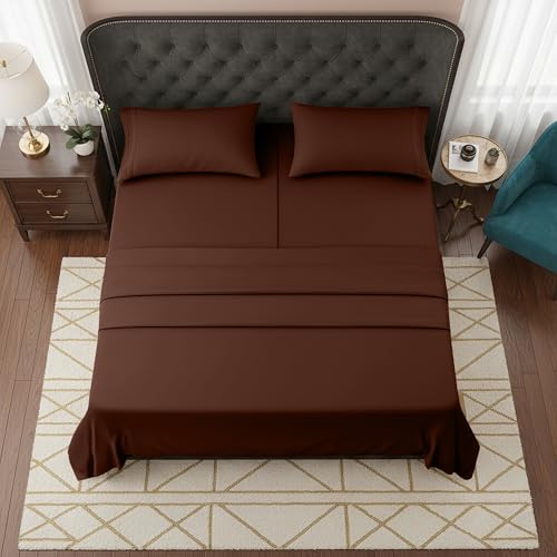 Image of Elegant Comfort Luxurious 1500 Premium Hotel Quality Microfiber Three Line Embroidered Softest 5-Piece Bed Sheet Set, Wrinkle and Fade Resistant, Split King, Chocolate Brown