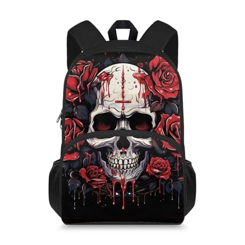 Dreaweet Rose Skull Backpack for School Teens Middle School Girls Backpack Shoulder Bag 15.6 inch High School Book Bag for Girls 14-16,Black