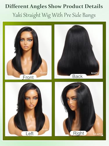 Image of KLAIYI Yaki Straight Wig Side Bangs Bye Bye Knots Precut 7x5 HD Lace Front Wigs Human Hair Glueless Drawstring Layered Cut Pre Plucked Bleached Pre Everything 3S Ready to Wear and Go Kinky Wig 22Inch