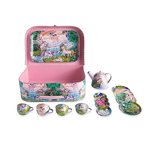 HearthSong 15-Piece Fantasy-Themed Decorative Tin Tea Set, Includes Teapot, 4 Plates, 4 Cups, 4 Saucers, Serving Tray, and Carrying Case
