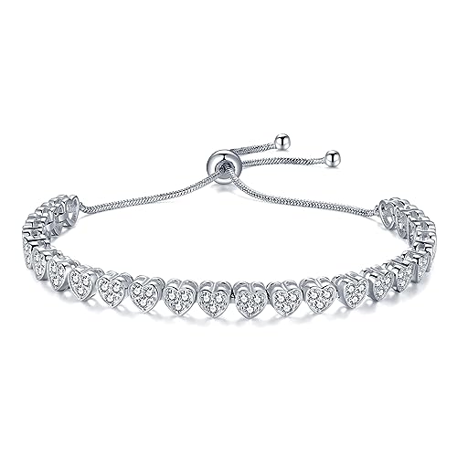 14K Gold Rose Gold White Gold Plated Cubic Zirconia Tennis Bracelet for Women Heart Shape CZ Adjustable Tennis Bracelet Fashion Jewelry Gifts for Women Girls