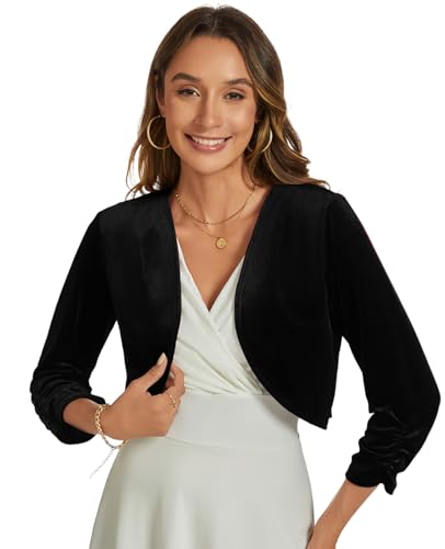 Image of Womens Velvet Bolero Shrug Elegant Open Front Ruched 3 /4 Sleeve Cocktail Party Cropped Cardigan