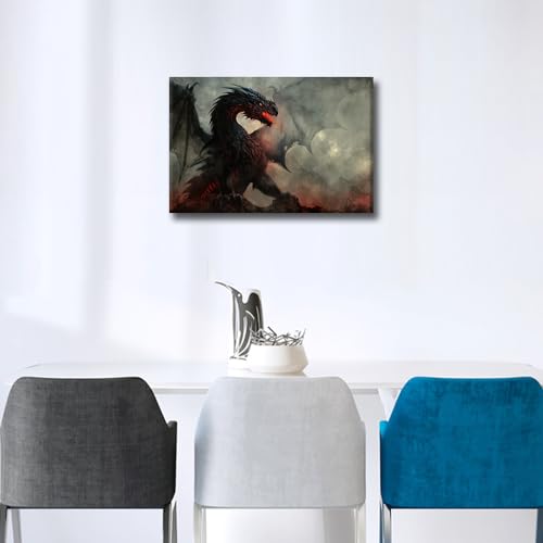 Pintura de dragón de fantasía en lienzo enmarcado para sala de estar moderna 2