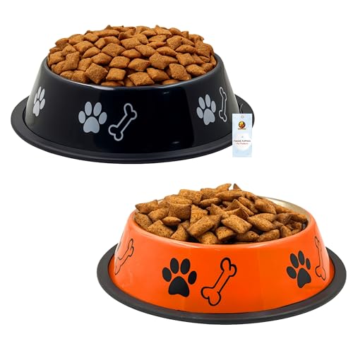 Image of Foodie Puppies Stainless Steel Dog Bowl Combo - (Medium, 700ml) Food and Water Feeding Gift Bowl | Suitable for Dogs, Cats and Other Pets I Paw Bone Print, Anti-Skid Rubber Base (Black + Orange)