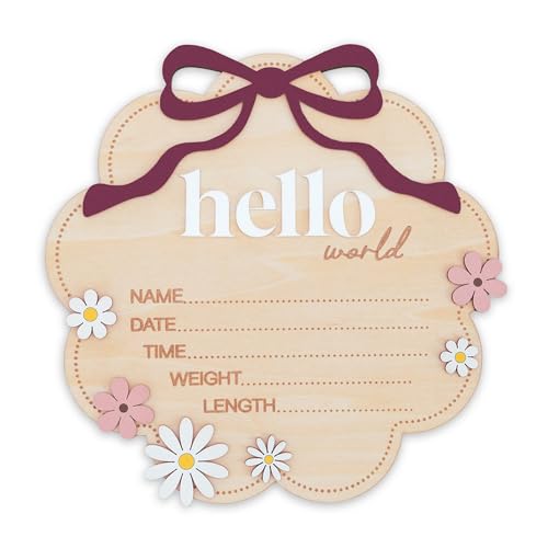 Image of TTMerriwood Hello World Wooden Baby Birth Announcement Sign with Pink Bow, Cloud Shape Floral Newborn Name Date Time Weight Length Board, Baby Girl Nursery Photo Prop (Berry)