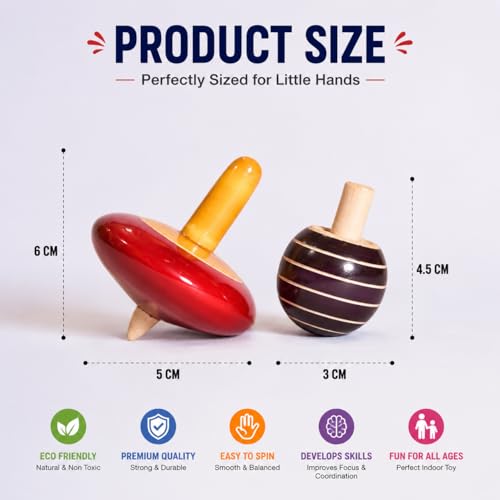 Image of Wooden Magic Finger Spinning Top Combo Pack of 2 nos (Buguri, Lattu) Multicolors - Non Toxic Desi Channapatna Hand Crafted, Indoor Toys,Bongaram, Traditional Toys for Kids.