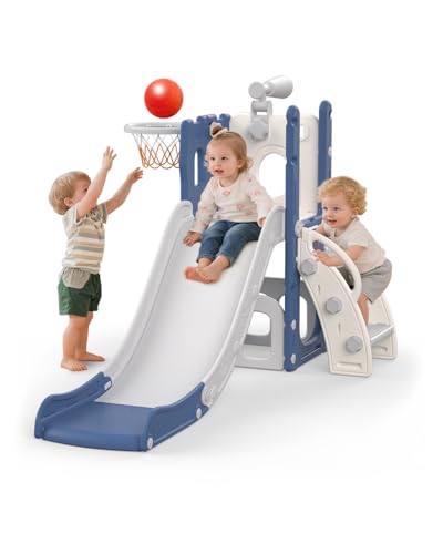 Hominewti Escorrega infantil, 5 em 1 escorrega para crianças interiores e exteriores, com aro de basquetebol, espaço de armazenamento e telescópio para crianças, a partir de 1 ano, azul