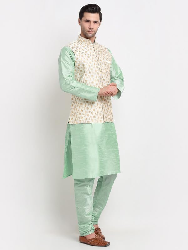Image of KRAFT INDIA Men's Stylish Silk Kurta with Churidar & Nehru Jacket Set
