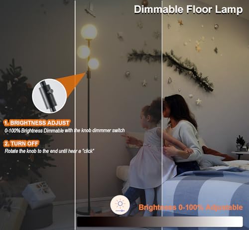 Image of Fiqevs Upgraded Dimmable 3 Globe Mid Century Modern Floor Lamp, 3 x 3000K Warm Light LED Bulbs Included, Matt Black Standing Lamp with Sphere Glass Shade, Vintage Tall Lamp for Living Room, Bedroom