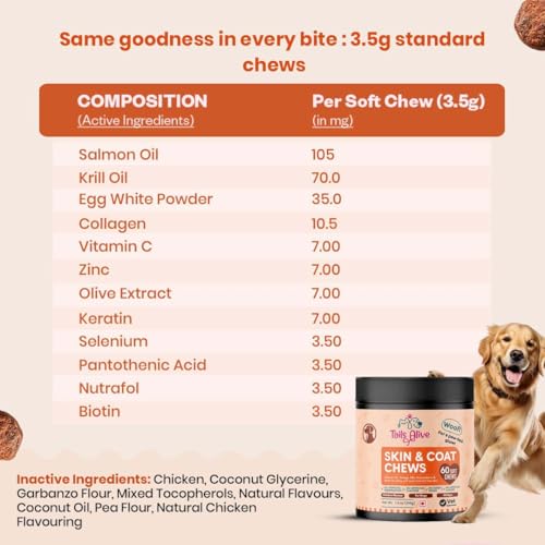 Image of Omega 3 & 6, Salmon Oil Skin & Coat Supplement for Dogs | with Krill Oil, Biotin, Collagen & Zinc | Promotes Shiny, Healthy Coat | 60 Soft Chews