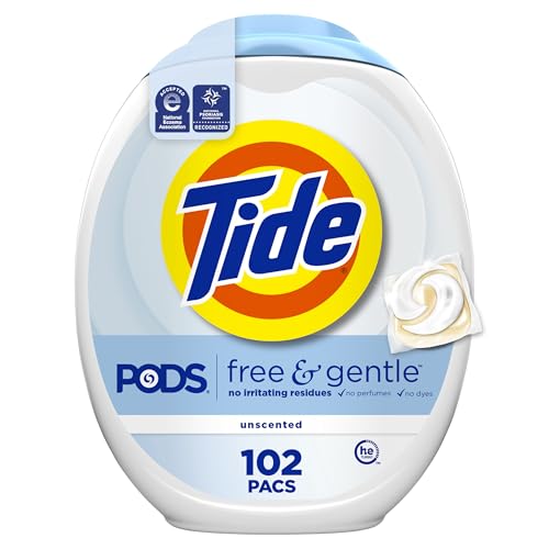 Image of Tide PODS Free & Gentle Laundry Detergent Soap Pacs, 102 Count, Tide PODS Laundry Detergent, Laundry Detergent Pacs, Laundry PODS Detergent