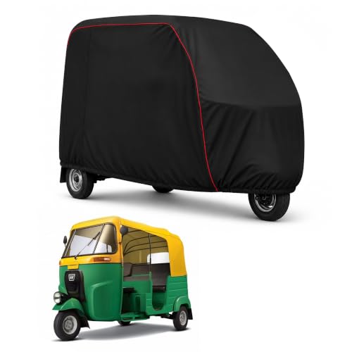 Image of Auto Rickshaw Cover Compatible with Bajaj RE | Heavy Duty 3-Wheeler Cover with Red Piping | Dustproof, UV Protection, Bottom Elastic & Full Body Protection