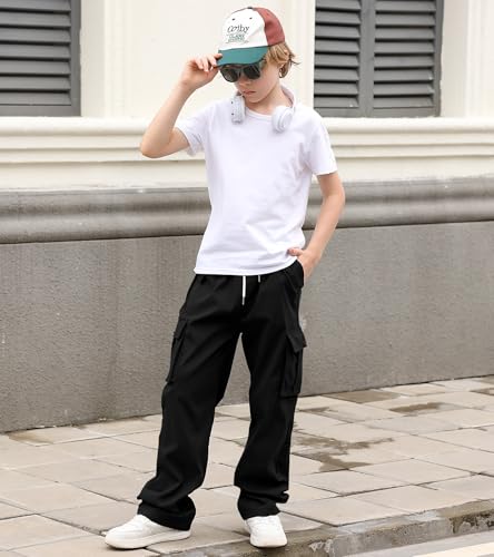 Boys Cargo Pants Wide Leg Pants Teen Kids Drawstring Straight Trousers with Pockets Size 7-144