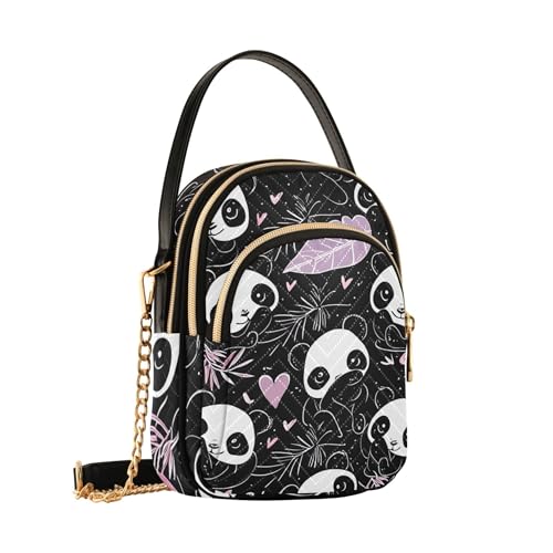 Woman Shoulder Handbag Quilted Phone Bags with Chain Strap Floral Zipper Crossbody Bowler Bag Cute Pandas Black2