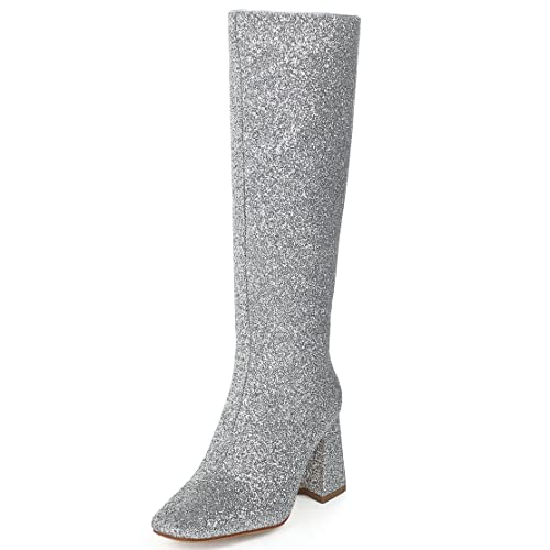KISSASA Silver Glitter Sparkly Knee High Gogo Boots Sequin Chunky Heeled Boots with Zip Up