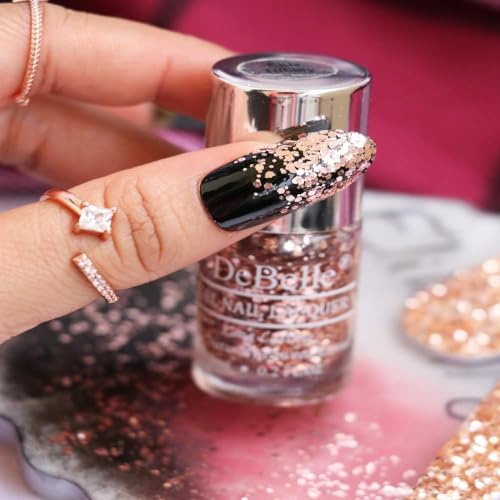 Image of DeBelle Gel Nail Polish Elite Tiffany(Rose Gold Flaky Glitter Top Coat Nail Paint)| Non UV - Gel Finish |Chip Resistant | Seaweed Enriched Formula| Long Lasting|Cruelty and Toxic Free| 6ml