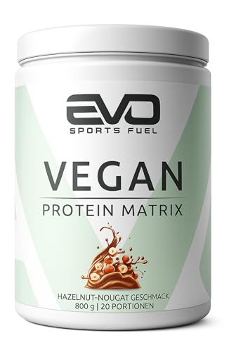 EVO SPORTS FUEL Veganes Proteinpulver Matrix | Hazelnut-Nougat | 800g | Eiweißpulver mit 3g Leucin pro Portion für eine maximale Proteinsynthese | geprüfte Qualität | Made in Germany