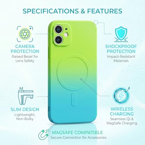 Image of amazon basics Gradient Mag-Safe Case for iPhone 11 | Soft Silicone Shockproof Cover with Camera Protection | Slim Lightweight Design | Smooth Touch & Durable - Green & Blue