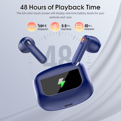 Image of Wireless Earbuds, Bluetooth 5.4 Headphones with Multifunctional Touch Screen, 48H Bass Stereo Ear Buds with ANC /ENC Noise Cancelling /Transparency Mode, IPX7 Earphones with 5 EQ Modes, Sky Blue