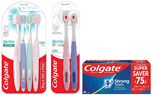 Image of Colgate Strong Teeth Cavity Protection Toothpaste & Gentle Enamel Ultra Soft Bristles Manual Toothbrush, 4 Pcs (Buy2 Get 2), Soft Bristles & Gentle UltraFoam Ultra Soft Bristles Manual Toothbrush