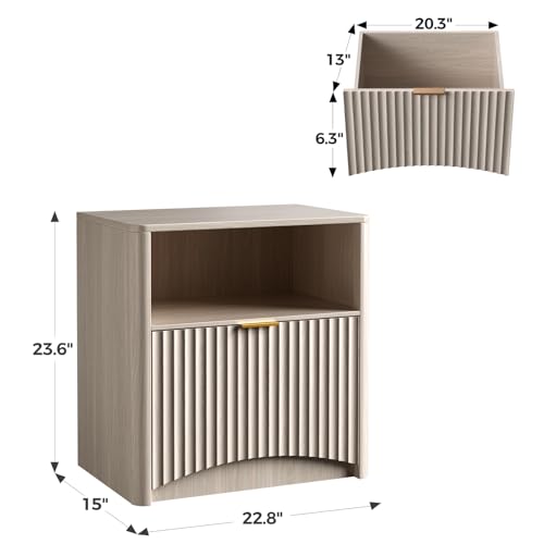 Image of Evermagin Fluted Nightstand Set of 2, Bedside Table with Drawer and Storage, Wood End Table Mid Century Modern, Large Night Stand for Bedroom, White Alder