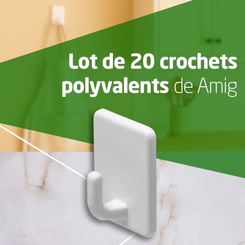 Crochets adhésifs Amig blancs lot de 20 pour fixation murale sans perçage - 3