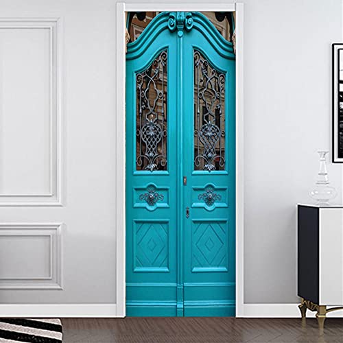 YQLKD Stickers Muraux Porte 3D Porte en Bois Bleu Vintage Papier Peint De Porte Auto-Adhésif PVC Home Poster Mural