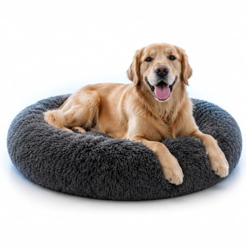Image of Round Donut Pet Bed for Dogs & Cats, Soft Plush Faux Fur Sleeping Mat, Cozy Calming Nest with Raised Supportive Rim, Reversible 2-in-1 Design, Washable Pet Cushion | Gray, Small, Gray, Small