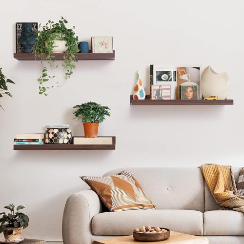 Image of Wooden Floating Wall Shelves Set of 3 for Living Room & Bedroom | Modern Wall Mounted Display Rack for Decor, Photo Frames, Plants & Storage (Walnut, 23 Inch)