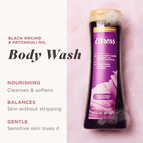 Image of Caress Black Orchid & Patchouli Oil Body Wash, 20 fl oz (4 Pack) | Hyaluronic Acid & Vitamin B3, Moisturized, Silky Soft Skin, Long-Lasting Exotic Fragrance