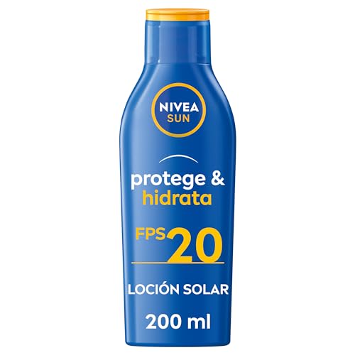 NIVEA SUN Protege & Hidrata Leche Solar FP20 (1 x 200 ml), protector solar hidratante y resistente al agua con protección UVA/UVB, protección solar media