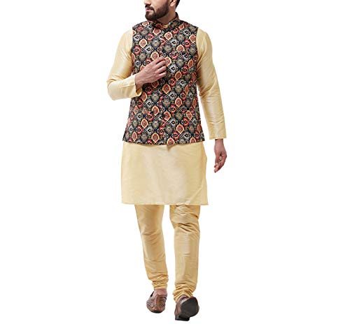 Image of SOJANYA (Since 1958 Men's Silk Blend Gold Kurta Pyjama & Printed Nehrujacket Combo