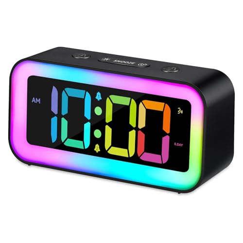 Euakee Sveglia Forte Per Camere da Letto con Luce Notturna RGB, Dormienti Pesanti Adulti, Doppio Allarme, Dimmer, Caricabatterie Usb, Piccolo Orologio Digitale Comodino con Display a LED (Nero)