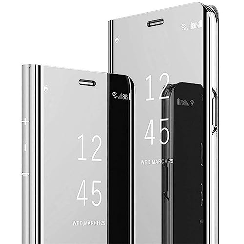 Flip Mirror Case for Samsung Galaxy S24 Ultra (Not S24) for Women Girls, PU Leather Luxury Smart Clear View Shockproof Protective Cover with Kickstand for Samsung Galaxy S24 Ultra JM-Silver
