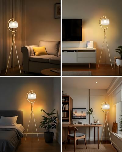 Image of Lightdot Tripod Floor Lamp for Living Room, Gold Standing Lamp with Clear Glass Lampshade, Farmhouse Tall Lamp for Bedroom, Arced Reading Light for Home Office /Sofa Beside /Corner Decor(Bulb Included)