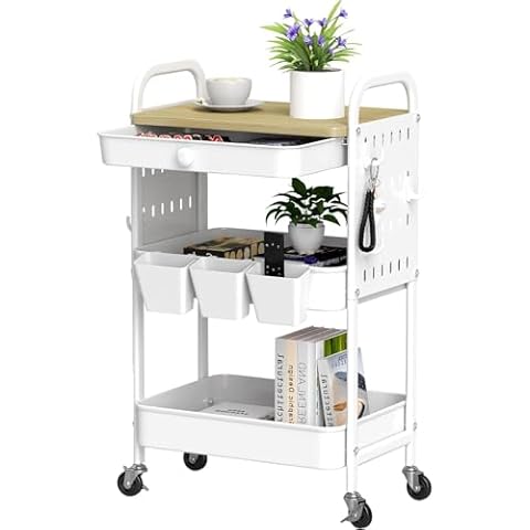 danpinera 3-Tier Metal Rolling Cart with Drawer, 3-Tier Rolling Cart for Living Room, Bedroom, Kitchen, Small Spaces Cover
