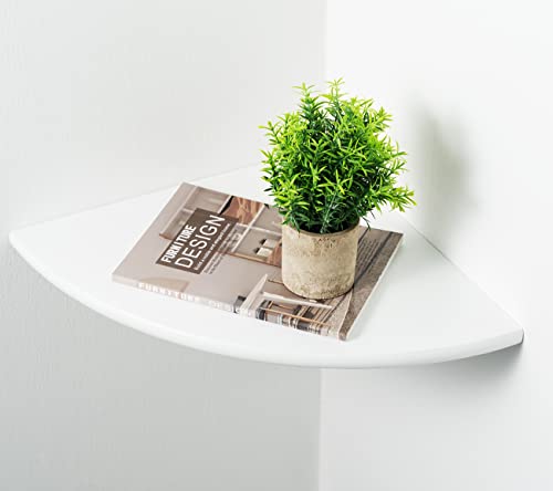 White Corner Shelf, Wall Mount Natural Oak Wood Floating Corner Wall Shelf Round End Small Corner Nightstand Plant Shelf for Bedroom, Kitchen, Living Room 10inch