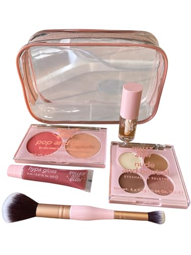 6-piece Make Up Starter Kit which includes nude and neutral eyeshadow palette, blush and highlighter duo, lip gloss, lip oil and eyeshadow/blush brush.