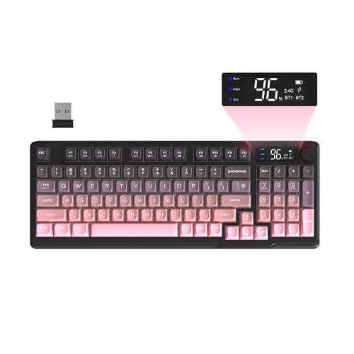 FREEWOLF M96 Tastiera Da Gioco Wireless, Controllo Tramite Manopola Bluetooth/Tastiera Meccanica Wireless 2.4G, Retroilluminazione a LED con Schermo, Copritasto PBT, 3000mAh, QWERTY - Sfumatura Rosa