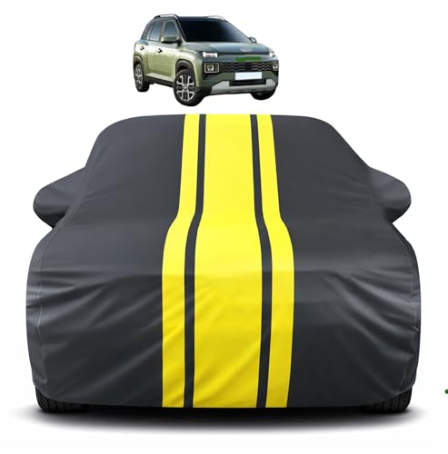 Image of Auto Hub Car Cover Compatible with Hyundai Exter with Mirror Pocket, Soft Cotton Lining, Exter Car Cover Waterproof - Yellow-Black