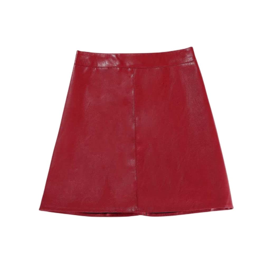 Rock Damen,Damen-Minirock Rot High Waist Pu HIPS-Wraped Lederrock Mit Reißverschluss A-Linie Lagenrock Mit Hose Einfarbig Kurzer Rock Für Mädchen Damen, Xs