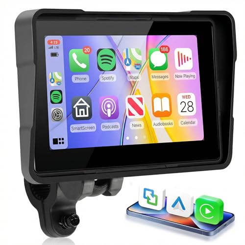 Image of 5 Inch Motorcycle Wireless CarPlay GPS Navigation System, Android Auto Portable CarPlay Screen for Motorcycle, Dual Bluetooth Car Play Moto, Si-ri, Goo-gle Assistant, IP67 Waterproof Moto Screen
